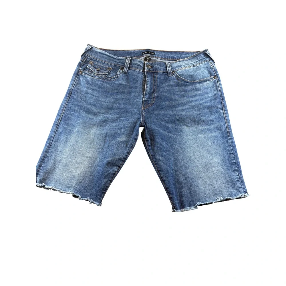 True Religion Ricky Relaxed Straight Blue Denim Shorts Raw Hem Mens 38